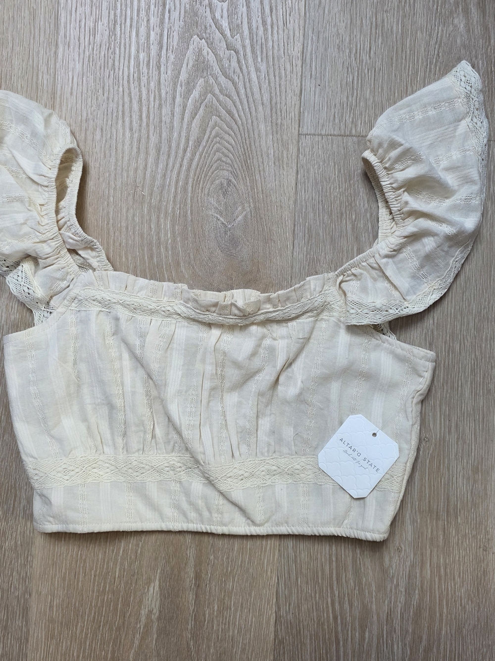 Altar'd State Cream Lace-Trim Off-Shoulder Crop Top